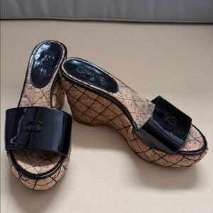 CHANEL Black Patent Cork Wedge Sandals